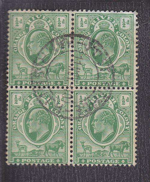 1905 ++ KE VII ++ 1/2d YELLOW-GREEN (MULT CROWN CA) ++ BLOCK OF 4 ++ VFU ++ SACC 93