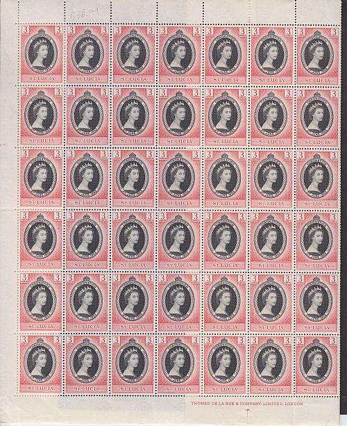 ST LUCIA ++ 1953 ++ "CORONATION QE II" + 3c BLACK & RED + COMPLETE SHEET OF 60 + SEE BELOW + SG 171
