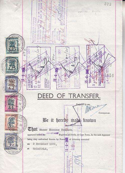DEED OF TRANSFER ++ 1955 ++ WHITE GROUP ++ SEE SCANS BELOW ++ C/V REV STAMPS ÃÂ£21 PLUS