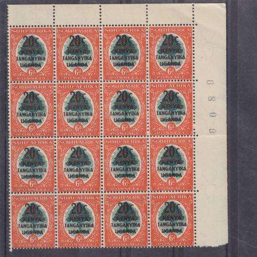 KUT + 1941 + S.A. OVPT 20c 0N 6d + SHEET NO BLOCK OF 16 - SEE SCANS BELOW - PART SUCH & TONING + SG