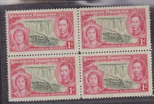 SOUTHERN RHOD ++ 1937 ++ "CORONATION" ++ 1d OLIVE & ROSE-CARMINE ++ BLOCK OF 4 ++ MNH ++ SACC 38
