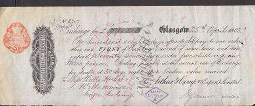 BANK DRAFT ++ 1908 ++ "ARTHUR COMP - GLASGOW TO WATTS, HERBST - WILLOWMORE" ++ SEE SCANS BELOW