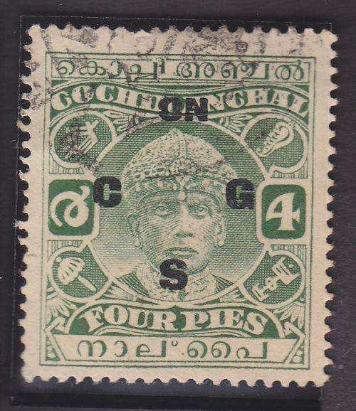 COCHIN ++ "OFFICIAL" ++ 1929-31 ++ 4p GREEN - SEE BELOW ++ FU ++ C/V R40 ++ SG O24