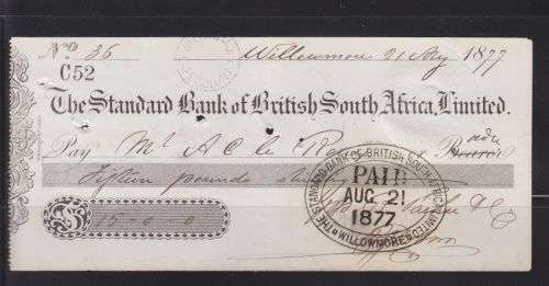 CHEQUE ++ 1877 ++ "STANDARD BANK" ++ ISSUED "WILLOWMORE" ++ SEE SCAN BELOW
