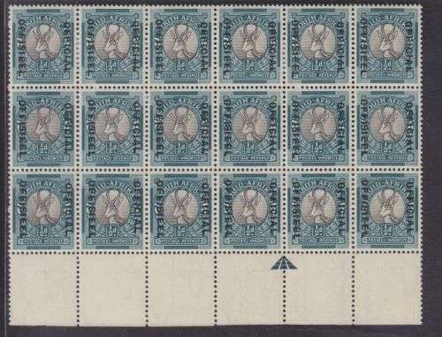 OFFICIAL ++ 1935 ++ 1/2d GREY & GREEN (WMK UPRIGHT ++ ARROW BLOCK OF 18 ++ MNH + C/V R1620 + SACC 23