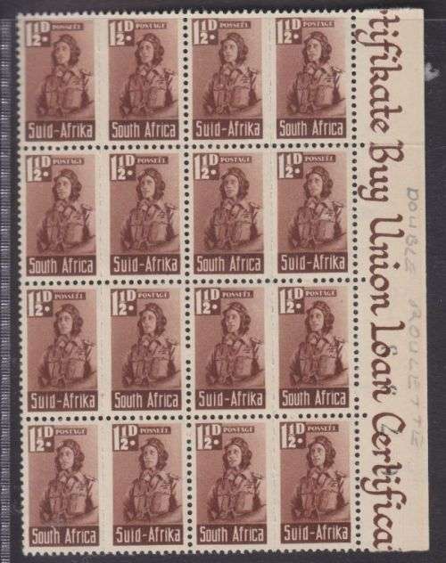 1942 ++ "BANTAMS" ++ 1 1/2d RED-BROWN (ROULETTE 13) ++ SLOGAN BLOCK OF 16 ++ MNH ++ SACC 97a