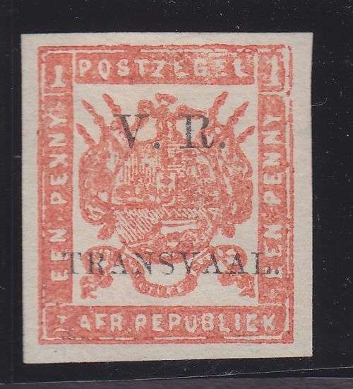 1877 ++ OVPT "V.R TRANSVAAL" (8 1/2mm) ++ 1d BRICK RED ++ MINT (NO GUM) ++ C/V R750 ++ SACC 102