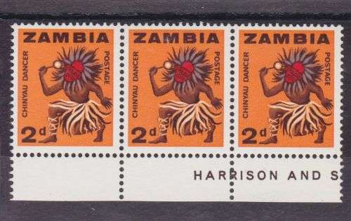 ZAMBIA ++ 1964 ++ DEF ISSUE ++ 2d "CHINYAU DANCER" ++ MARG STRIP OF 3 ++ MNH ++ SG 96