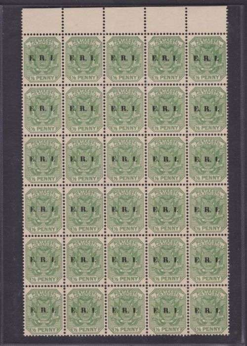TVL ++ 1901 ++ OCPT "E.R.I " ON 1/2d GREEN ++ MARG BLOCK OF 30 ++ MNH ++ SACC 244