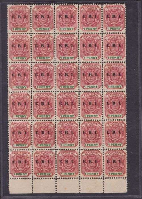 TVL + 1901 + OVPT "E.R.I." + 1d ROSE-RED + MARG BLOCK OF 30 + MNH (BROWNISH GUM) + C/V R300 +SACC245