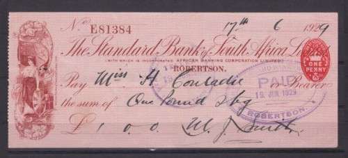 CHEQUE ++ 1929 ++ "THEE STANDARD BANK OF S.A. - ROBERTSON " ++ 1d STAMP DUTY ++ SEE SCANS BELOW
