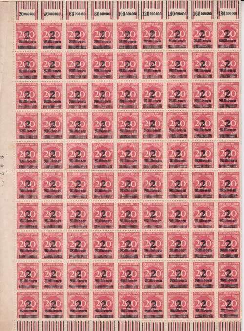 GERMANY ++ 1923 ++ "SURCHARGE" 2M ON 200m RED ++ BLOCK OF 90 ++ MNH ++ SG 302