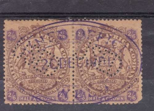 BSAC ++ REVENUE USED ++ 1896-97 ++ 2/6 x PAIR - BROWN& PURPLE ON YELLOW ++ C/V R1700 AS POSTAL ++