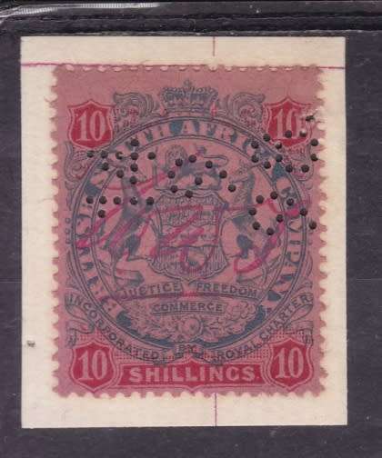 BSAC + REVENUE USE + 1896-97 + `ARMS` + 10s SLATE and VERMILLION ON ROSE + FU PREFIN +