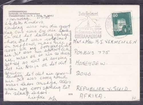 GERMANY ++ POST CARD ++ 1980 ++ "UNTERAMMERGAU" ++ FU TO HONEYDEW ++ SEE SCANS BELOW