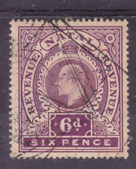 NATAL  REVENUE  1908  KE VII  6d DULL and BRIGHT PURPLE (REVENUE - REVENUE)  FU  BT 108