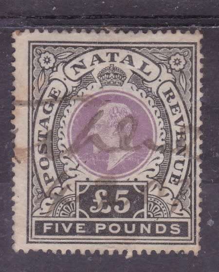 NATAL  REVENUE  KE VII  £5 BLACK and PURPLE  FU  BT 104