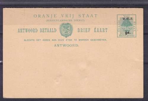ORC, `ANTWOORD BETAALD - BRIEF KAART`, 1/2d GREEN (V.R.I.) OVPT, COMPLETE, SEE BELOW