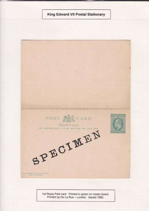 TVL, `SPECIMEN 1/2d REPLY PAID`, KE VII - PRINTED IN GREE AND CREAM BY DE LA RUE, SEE BELOW