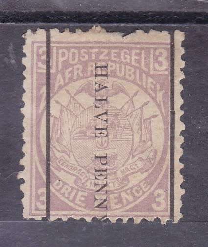 ZAR, 1885, `SURCHARGE`. HALVE PENNY (DOWN) ON 3d MAUVE, MINT (NO GUM), C/V R140, SACC 197