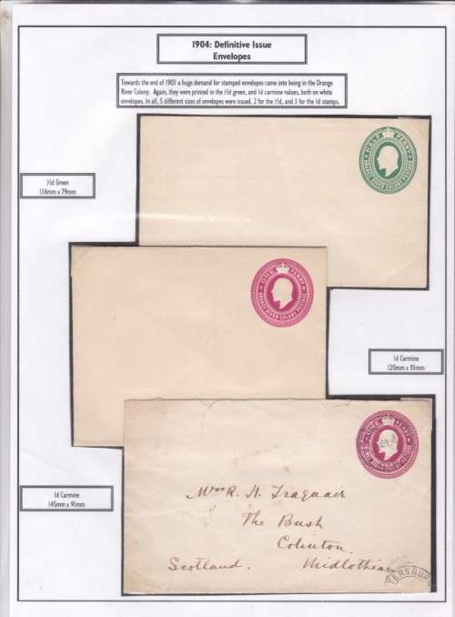 ORC, 1904. `DEFINITIVE ISSUE ENVELOPES`, x 3 1 x 1/2d GREEN AND 2 x RED, SEE SCAN BELOW