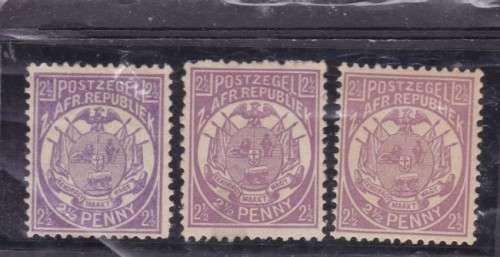 ZAR, 1885, `VUURTHEIM` 2 1/2d x 3 MAUVE,(SHADES), MH, SACC 182