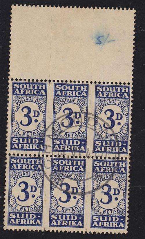1943-44 ++ POSTAGE DUE ++ 3d INDIGO ++ BLOCK OF 6 WITH MARGIN ++ FU ++ C/V R1600 ++ SACC 32