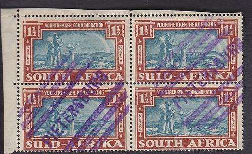 1938 ++ "VOORTREKKER" ++ 1/1/2d BLOCK OF 4 ++ PARCEL PMK "PIETERSBURG" ++ SACC 80 (SEE BELOW)