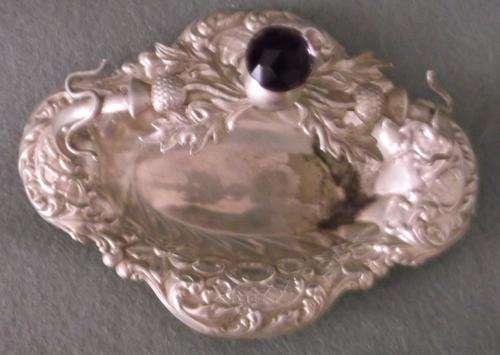 VINTAGE, FILIGREE, SILVER(?)-PLATED PIN TRAY WITH "GEMSTONE" IN HANDLE