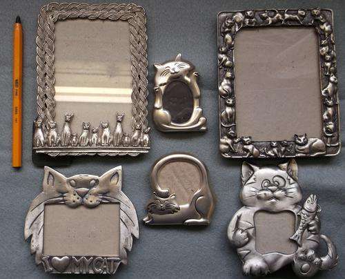 SIX LOVELY, ANTIQUE, PEWTER PICTURE FRAMES OF CATS