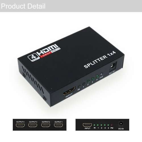 HDMI Splitter 4 In 1 out with Power Adapter- Powered HDMI Splitter for Full HD 1080P Support 3D