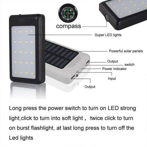 External 20LED 20000mAh 2USB Solar Power Bank Portable Battery Charger & Compass