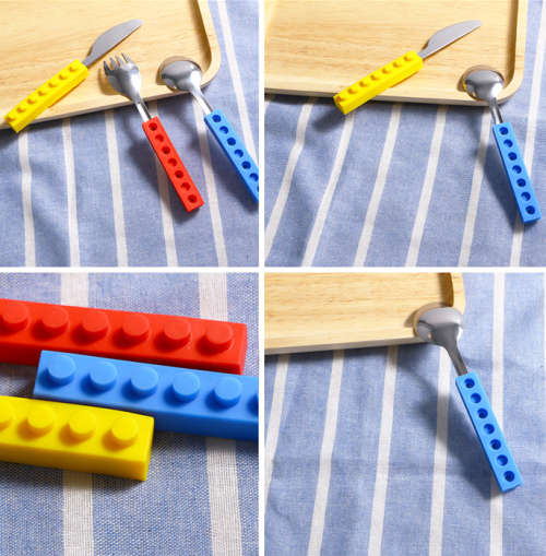 3 Pcs/Set Snack & Stack Silicone Stainless Steel Brick Style Cutlery Fork Utensil Set Kids Tableware