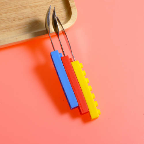 3 Pcs/Set Snack & Stack Silicone Stainless Steel Brick Style Cutlery Fork Utensil Set Kids Tableware