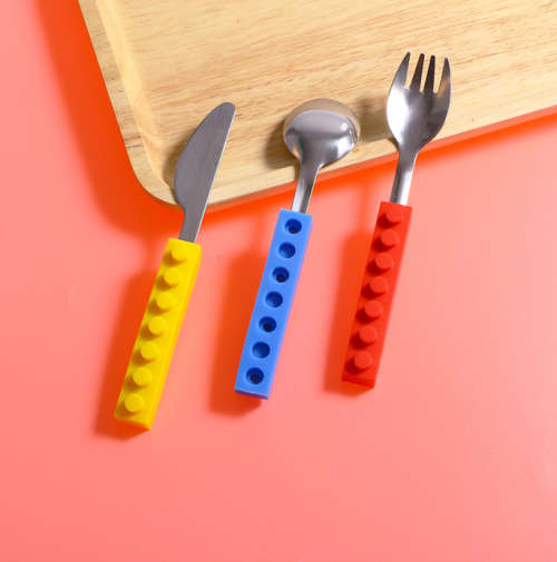 3 Pcs/Set Snack & Stack Silicone Stainless Steel Brick Style Cutlery Fork Utensil Set Kids Tableware