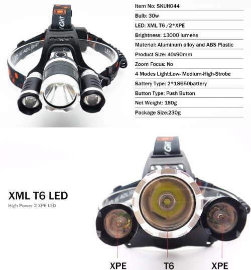T6 Headlamp Flashlight 3 Modes Camping Hunting Headlights