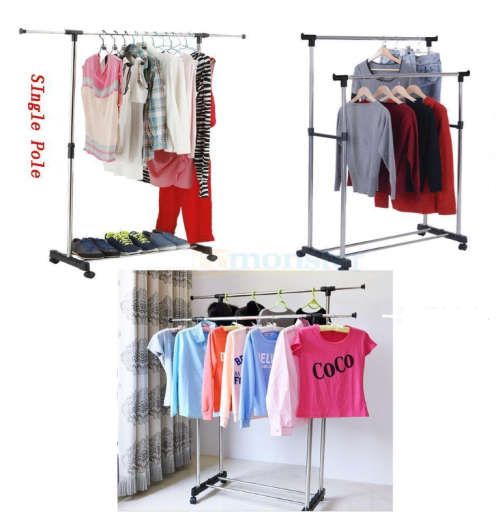 Double Pole Adjustable Portable Clothes Hanger Rolling Garment Rack