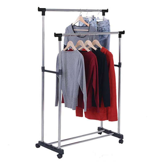 Double Pole Adjustable Portable Clothes Hanger Rolling Garment Rack