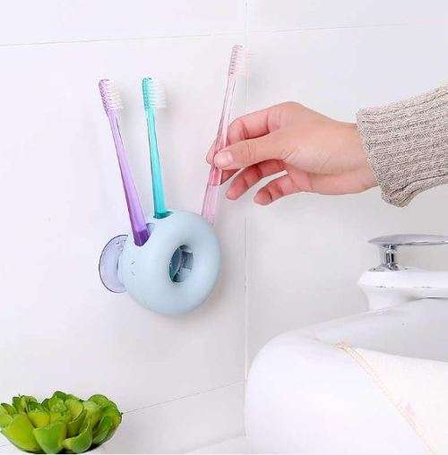 Stick On Bathroom Toothbrush Holder Doughnut Shaped Stand & Cup