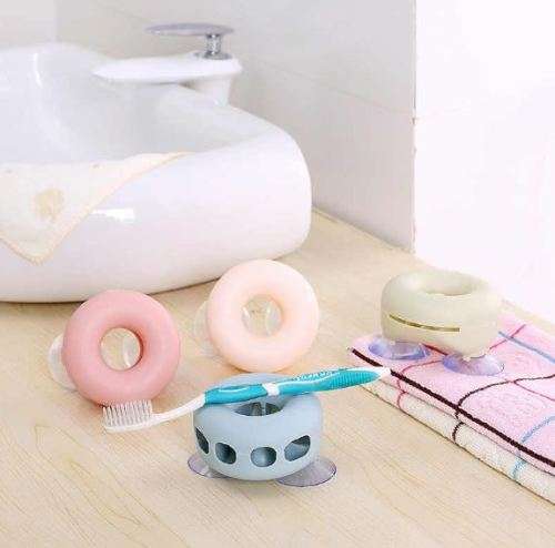 Stick On Bathroom Toothbrush Holder Doughnut Shaped Stand & Cup