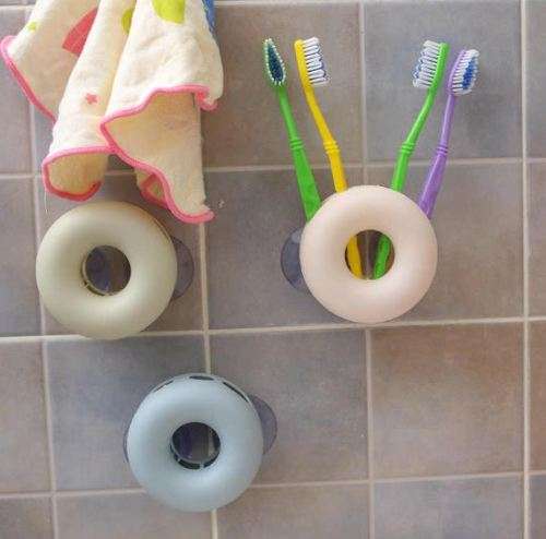 Stick On Bathroom Toothbrush Holder Doughnut Shaped Stand & Cup