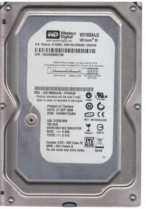 Western Digital Blue WD1600AAJS 160GB 7200 RPM 8MB Cache SATA 3.0Gb/s 3.5" Internal Hard Drive Bare