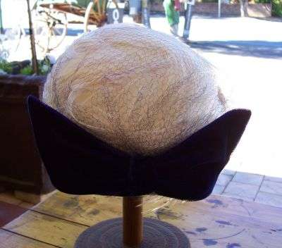 White ~ Feather ~ Hat with Navy Bow