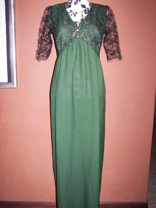 VINTAGE POLYRAMIE AND LACE DARK GREEN LONG DRESS SIZE 36