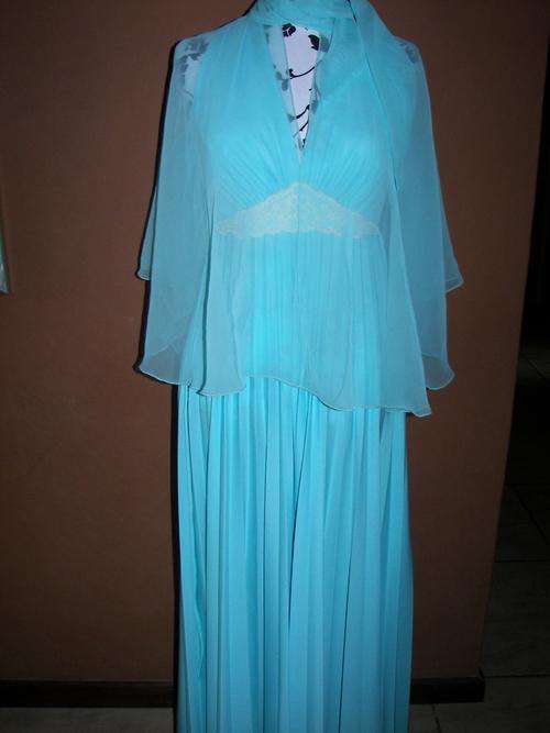 VINTAGE LONG PLEATED TURQUOISE BLUE DRESS WITH LACE INSERT AND SHOULDER OVERLAY "TREASURES" SIZE 34