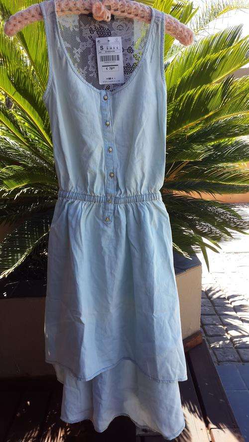 BRAND NEW DENIM TYPE SKATER DRESS LACE BACK SIZE 30/ 32
