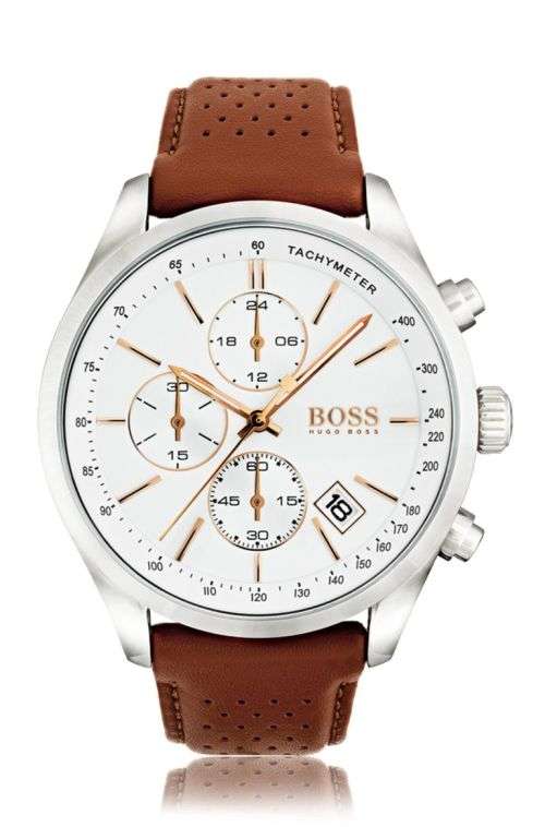 HUGO BOSS Grand Prix Sports Watch White Dial & Perforated Leather Strap 1513475