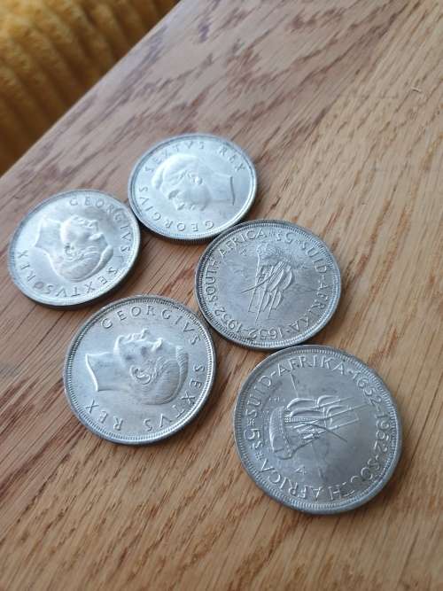 RARE 5 Shillings Coins 1652 to 1952. 50% Silver Bid for all FIVE 300 YEAR ANNIVERSARY Jan v Riebeeck