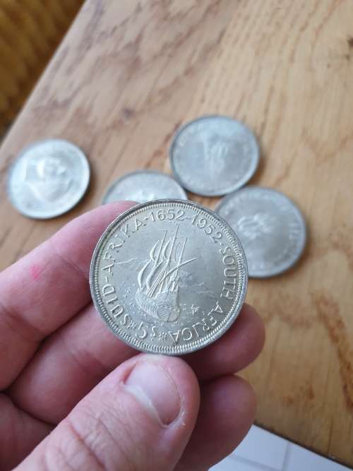 RARE 5 Shillings Coins 1652 to 1952. 50% Silver Bid for all FIVE 300 YEAR ANNIVERSARY Jan v Riebeeck