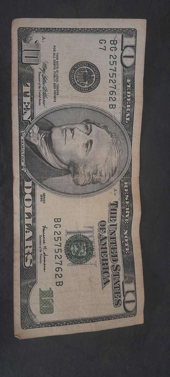 1999 TEN Dollar Bill $10 S/N BG 25752762B, 25 YEARS OLD